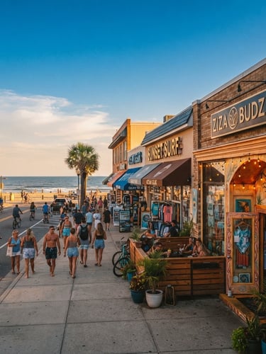 Wide panoramic Virginia Beach Atlantic Avenue storefront at golden hour, Ziza Budz entrance on the right, soft sunlit facade, clear blue sky, distant ocean waves, warm editorial photography, shallow depth of field.