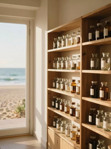 Bright, airy interior of a coastal apothecary boutique, sun-bleached wood shelves displaying minimalist glass jars, warm golden-hour sunlight streaming through front windows, shallow depth of field, 35mm.