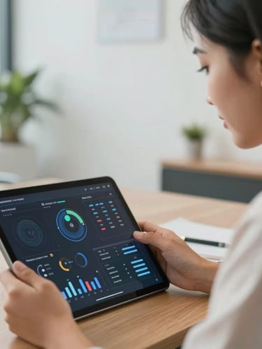 Close-up of a young Indonesian female entrepreneur showing a digital dashboard on a tablet to her colleague in a bright, modern office