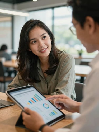 Close-up shot of a young Indonesian female entrepreneur discussing business metrics on a tablet with her mentor in a bright, modern Jakarta co-working space, warm natural morning light, candid and professional.