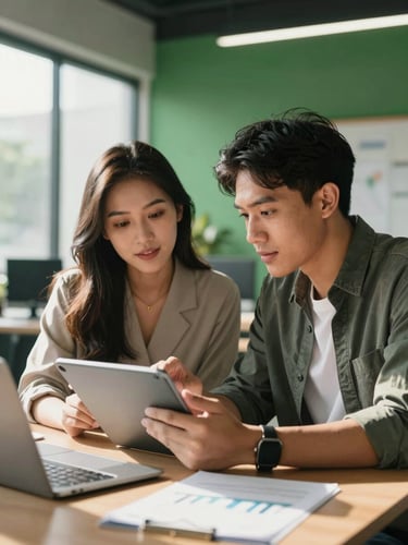 A portrait of two young Indonesian entrepreneurs discussing business metrics on a tablet in a sunlit, modern green-accented office space.