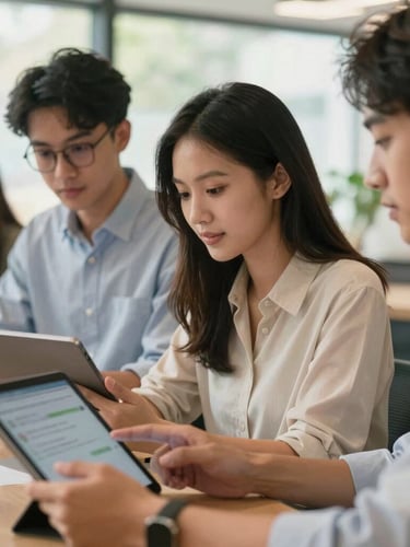 A close-up shot of young Indonesian professionals collaborating in a modern, bright co-working space, looking at tablet screens with warm natural lighting