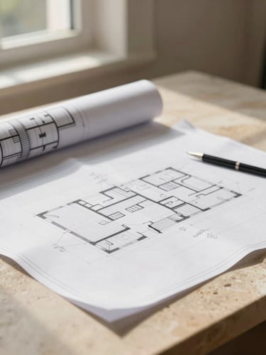 Vertical portrait of architectural blueprints resting on a warm stone table, soft sunlight from a window, technical drawing tools, elegant clean lines
