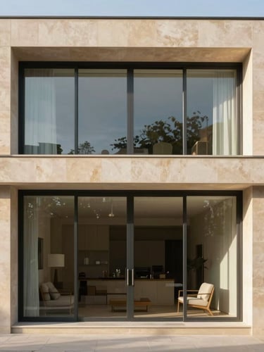 Elegant modern residential facade in Madrid, clean architectural lines, warm limestone walls, large glass windows, soft afternoon sunlight, 35mm photography