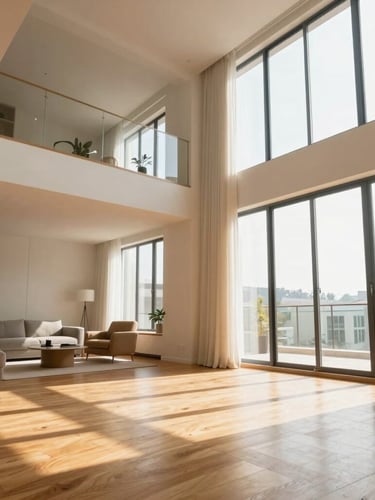 Slightly low angle shot of a bright modern apartment living room with high ceilings, warm oak floors, sunlight streaming through tall windows, minimal elegant furniture, 35mm lens