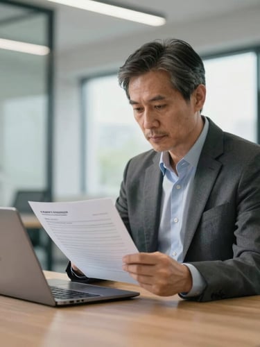 Medium shot of a mature professional in a modern, well-lit architectural workspace reviewing credit transfer documents on a laptop, natural daylight, cool tones