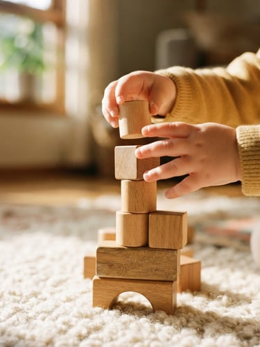 Close-up of chubby toddler hands carefully stacking smooth wooden blocks on a cream rug, bathed in warm, golden-hour window light, soft natural shadows, shallow depth of field, 35mm film
