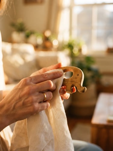 Candid close-up of a parent's hands gently cleaning a wooden baby toy with a soft cloth under warm, golden-hour window light, shallow depth of field.