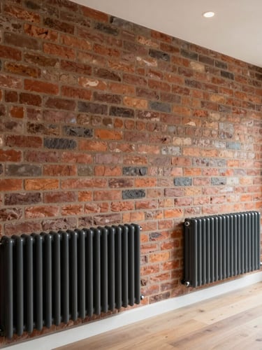Crisp architectural photo of a newly renovated terraced house interior in Wirral, exposed brick feature wall, modern dark gray radiators, clean natural lighting