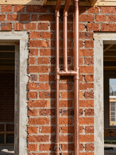 Close-up of raw construction progress inside a Wirral property, exposed red brick wall, clean new copper piping, fresh plaster borders under natural daylight