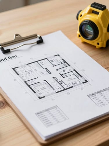 Close-up of a surveyor's clipboard showing detailed floor plans and financial calculations on a raw timber workbench, crisp natural daylight, sharp focus.