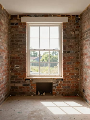 Straight-on architectural shot of a Wirral terraced house interior mid-refurbishment, exposed brickwork, clean slate flooring, natural UK daylight streaming through a tall window.