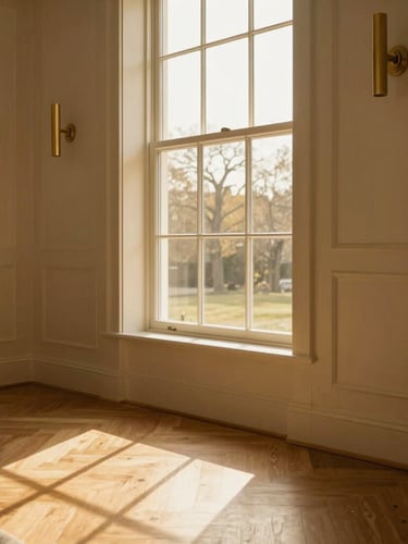 Close-up architectural detail of a staged luxury living room in Loudoun County, warm golden-hour window light reflecting on oak floors and brass fixtures, elegant minimalist design, 35mm lens