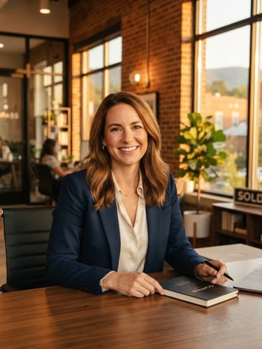 A clean professional portrait of a real estate advisor in a sun-drenched modern Leesburg office, warm golden-hour window light, rich saturated tones, 35mm lens
