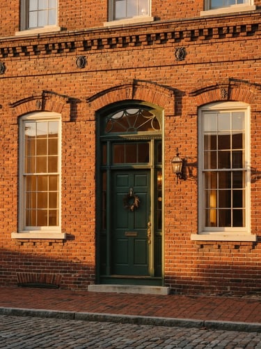 Close-up of a beautifully restored historic brick facade in Leesburg, warm golden-hour sunlight casting long shadows across architectural details, 35mm lens