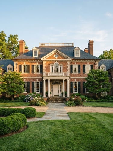 Wide-angle architectural shot of a historic brick estate in Leesburg, sun-drenched morning light, manicured lawn, warm editorial style
