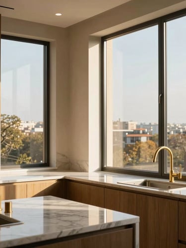 Editorial architectural photograph of a modern residential interior, sun-drenched morning light streaming through tall windows, marble countertops and brushed brass fixtures, crisp details, 35mm lens