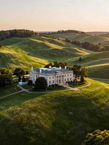 Drone shot of rolling green hillsides and historic estates in Purcellville, golden-hour light, warm editorial style