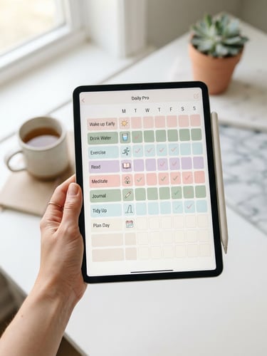 First-person perspective of a hand holding an iPad showing an aesthetic, pastel-colored daily habit tracker, soft natural window light, clean modern background