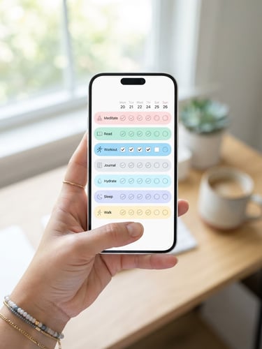 First-person perspective of a hand holding an iPhone showing a clean, pastel-colored weekly habit tracker interface under soft natural window light.
