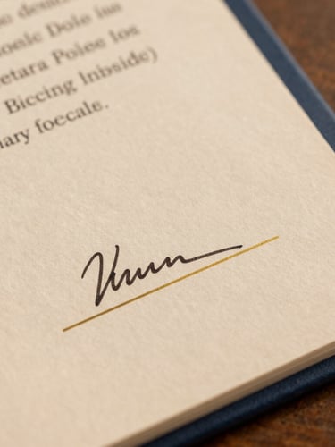 Tight macro detail of an official corporate registry document, crisp gold foil stamp, signed ink signature, warm sand background, professional lighting