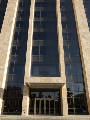 Architectural wide angle of modern Dubai government building facade in sharp sunlight with deep shadows, corporate editorial style