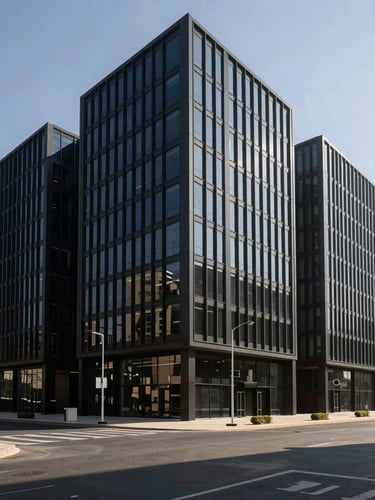 Architectural wide angle of a modern minimalist corporate building in Downtown Dubai, sharp natural daylight, deep shadows, professional editorial framing, 35mm lens.