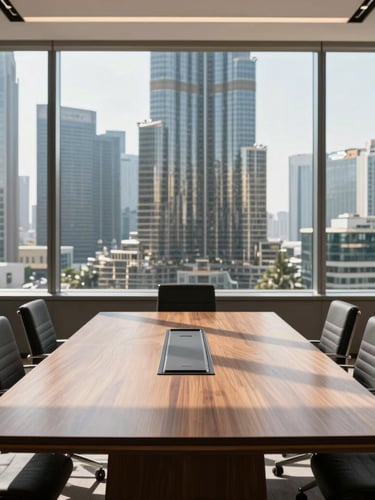 Architectural wide angle of a high-end corporate boardroom in Downtown Dubai, sharp natural sunlight casting geometric shadows, minimal wood table