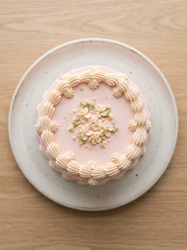 An overhead close-up of a pastel pink bento cake with delicate cream piping, resting on a minimalist ceramic plate under bright diffused daylight, soft pink shadows.