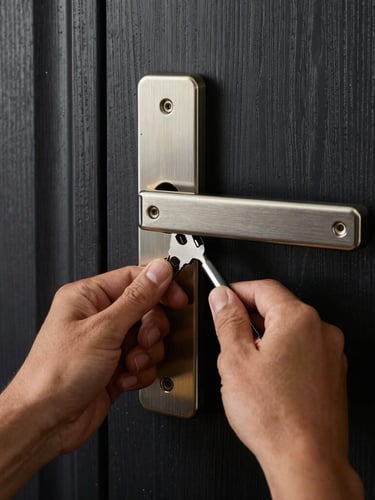 Hands of a master locksmith using precision tools to install a sleek steel lock plate on a minimalist dark oak door, high contrast, warm key light