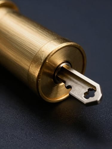 Macro shot of a high-end brass lock cylinder with a key inserted, dramatic side lighting highlighting metallic textures against a dark navy background, 50mm focus