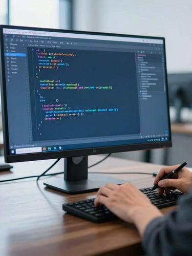 Close-up of a developer writing clean code on a vertical monitor, cool blue screen glow reflecting on a dark wooden desk, premium office environment, sharp focus, 35mm