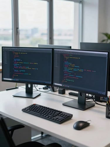 A professional workspace with a developer analyzing responsive code on a dual-monitor setup, cool screen glow, natural window light, premium corporate tech photography