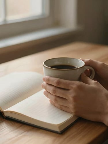 A close-up photograph of hands holding a warm morning ceramic cup next to an open journal on a clean wooden table, soft golden hour window light, muted earth tones, shallow depth of field.