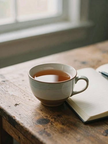 A quiet morning moment with a ceramic cup of warm tea on a rustic wooden table, soft morning window light filtering through, a clean open journal with a pen beside it, shallow depth of field, warm earth tones, 35mm film feel.