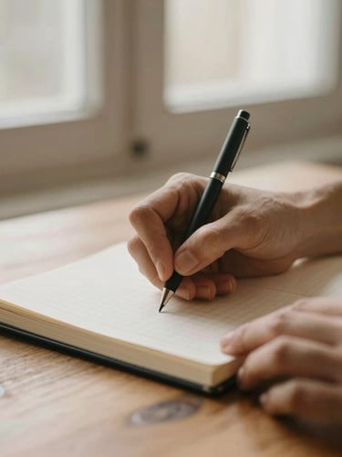 Close-up of hands writing in a clean journal on a wooden table, soft morning window light, warm earth tones, shallow depth of field