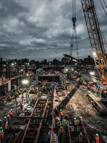 Wide panoramic construction site at dusk, a large industrial crane in motion on the right third, casting long shadows, high-contrast overcast daylight, desaturated steel and safety-orange tones, wide-angle lens, sharp details.
