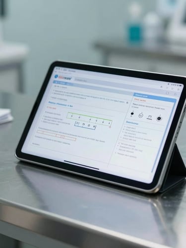 Cool natural daylight clinical environment, a modern medical tablet displaying a clean diagnostic flowchart on a stainless steel desk, shallow depth of field