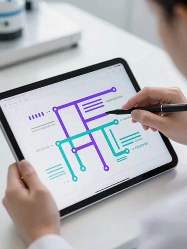 Cool natural daylight clinical environment, a clean tablet displaying a clear diagnostic flowchart with high-contrast purple and teal pathways, medical student hands tracing the diagram.