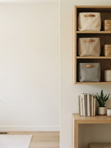 Warm, sunlit domestic environment with organized neutral storage bins, soft diffused daylight, matte textures, clean composition, 35mm lens, right third of the frame, expansive negative space to the left.