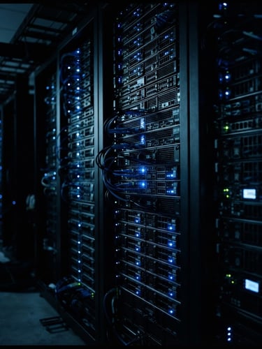 Monochromatic server array in a secure facility, cold blue terminal light, high-contrast shadows, 35mm, dark tactical photography