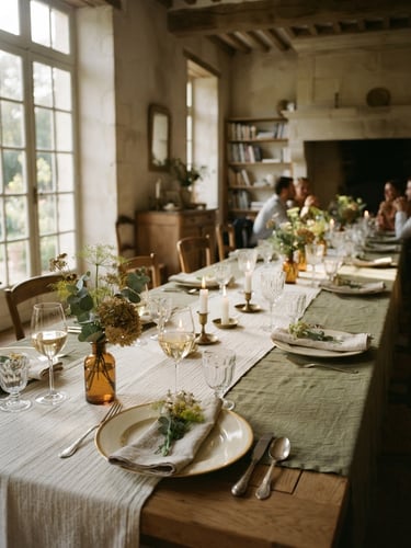 A beautifully set long dining table in an airy historic dining room, soft natural window light casting long shadows, delicate glassware, muted olive and ivory linens, shallow depth of field, warm editorial photography.