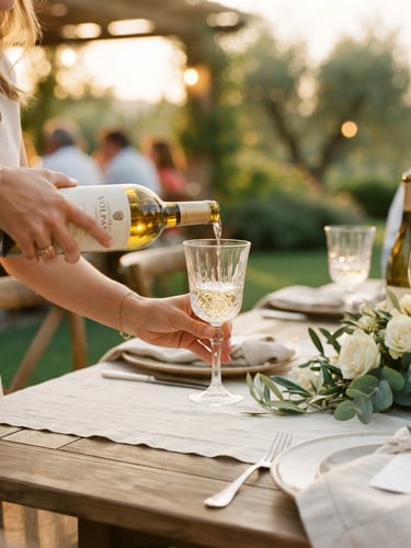 Close-up of hands pouring white wine into a crystal glass at a beautifully set outdoor dining table under soft, diffused natural golden hour light, shallow depth of field, 35mm