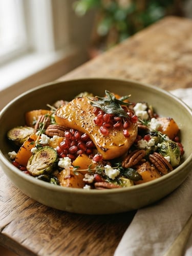 Close-up of a perfectly plated seasonal dish under soft natural window light, muted olive and ivory tones, shallow depth of field, 35mm