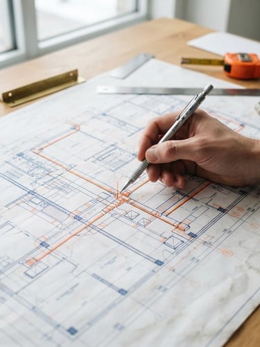 Technical overhead architectural blueprint on a desk, a hand holding a mechanical pencil pointing to a precise HVAC system layout, bright overcast daylight, safety-orange accent lines.