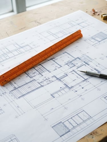 Technical architectural blueprint layout on a desk, sharp mechanical pencil, safety-orange highlighting ruler, bright overcast daylight, 35mm lens
