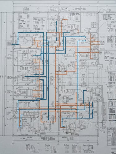 Technical HVAC blueprint diagram with orange and blue piping lines, detailed engineering calculations on a light gray background, sharp focus, technical architectural photography