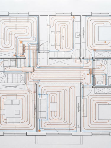 Technical architectural drawing of a modern house heating layout, overhead view, bright overcast daylight, clean blue and orange pencil marks, sharp focus