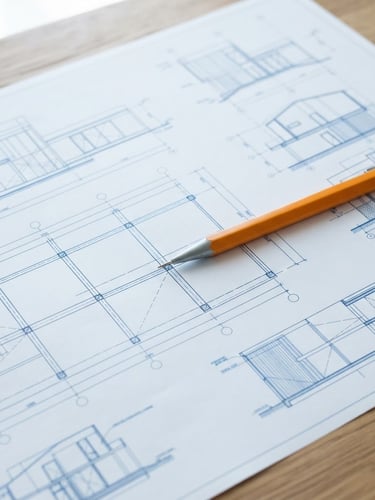 Technical architectural blueprint layout on a desk, sharp safety-orange pencil pointing to a detail, bright overcast daylight, clean lines, 35mm lens