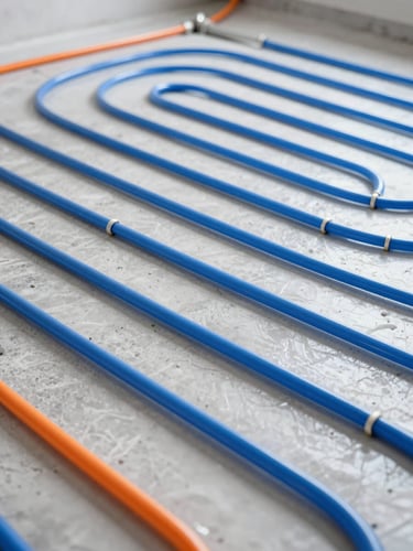 Close-up of installed underfloor heating pipes arranged in a perfect geometric pattern, clean concrete floor, bright technical lighting, sharp focus.